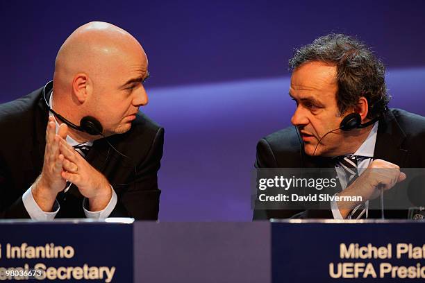 President Michel Platini and UEFA General Secretary Gianni Infantino give a press conference after the XXXIV Ordinary UEFA Congress on March 25, 2010...