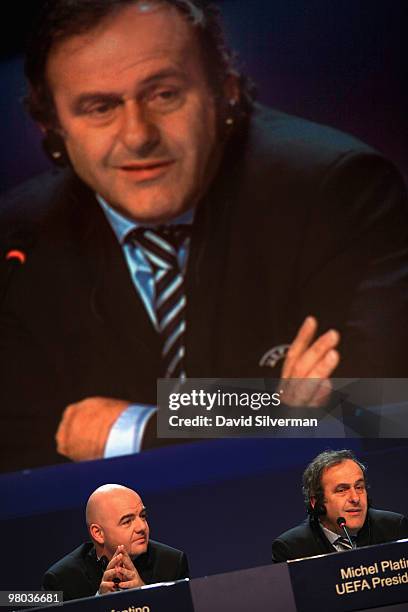 President Michel Platini and UEFA General Secretary Gianni Infantino give a press conference after the XXXIV Ordinary UEFA Congress on March 25, 2010...