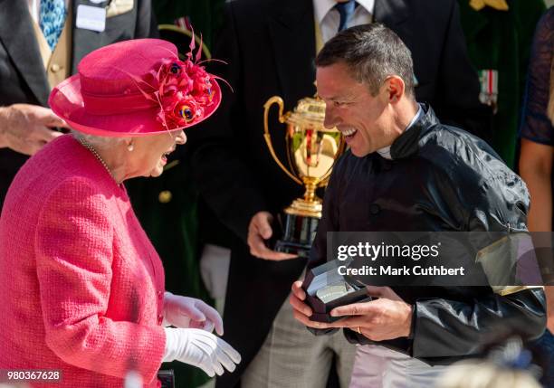 Queen Elizabeth II with the winner of The Gold Cup Frankie Dettori at Royal Ascot on Day 3 at Ascot Racecourse on June 21, 2018 in Ascot, United...