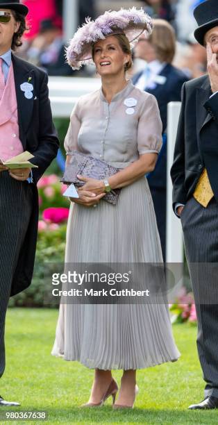 Sophie, Countess of Wessex watches The Gold Cup on the big screen at Royal Ascot Day 3 at Ascot Racecourse on June 21, 2018 in Ascot, United Kingdom.