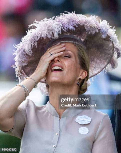 Sophie, Countess of Wessex watches The Gold Cup on the big screen at Royal Ascot Day 3 at Ascot Racecourse on June 21, 2018 in Ascot, United Kingdom.