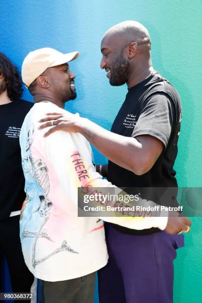 Kanye West and Stylist Virgil Abloh pose after the Louis Vuitton Menswear Spring/Summer 2019 show as part of Paris Fashion Week on June 21, 2018 in...