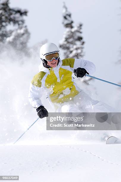 woman skiing, snowbird, utah. - snowbird lodge stock pictures, royalty-free photos & images