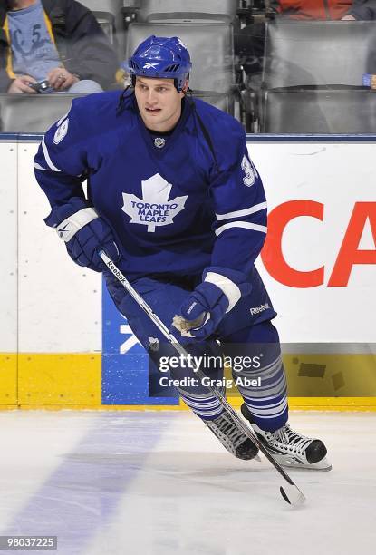 John Mitchell of the Toronto Maple Leafs skates during warm up prior to the game againsdt the Florida Panthers on March 23, 2010 at the Air Canada...