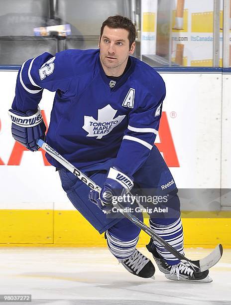 Francois Beauchemin of the Toronto Maple Leafs skates during warm up prior the game against the Florida Panthers on March 23, 2010 at the Air Canada...