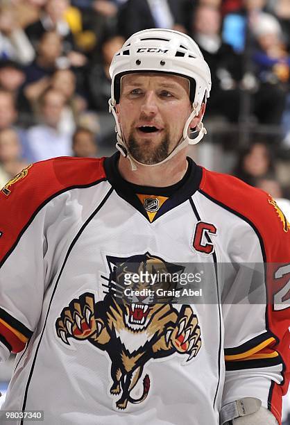 Bryan McCabe of the Florida Panthers looks on during a break in the game against the Toronto Maple Leafs on March 23, 2010 at the Air Canada Centre...