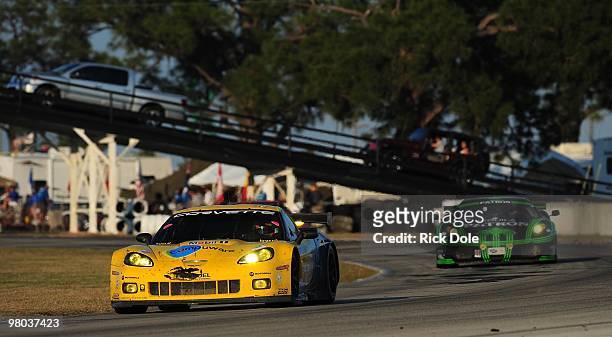 Olivier Beretta drives the Corvette Racing ZR1 during the ALMS 12 Hours of Sebring at Sebring International Racewayon March 20, 2010 in Sebring,...