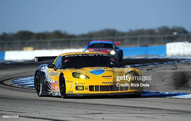 Olivier Beretta drives the Corvette Racing ZR1 during the ALMS 12 Hours of Sebring at Sebring International Racewayon March 20, 2010 in Sebring,...