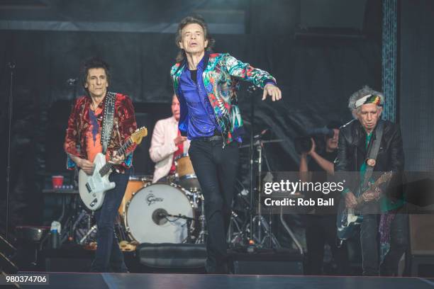 Ronnie Wood, Mick Jagger, Charlie Watts and Keith Richards from The Rolling Stones perform slive on stage at Twickenham Stadium on June 19, 2018 in...