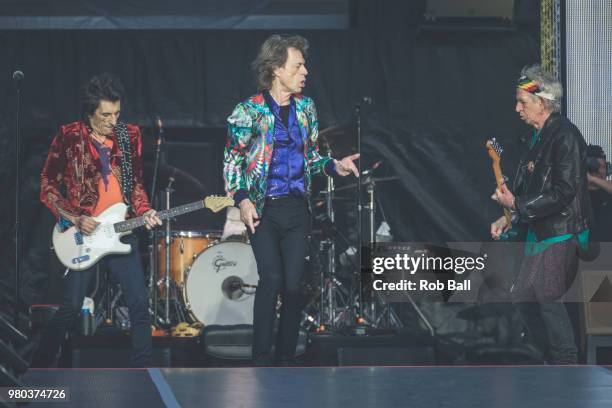 Mick Jagger, Ronnie Wood and Kieth Richards from The Rolling Stones perform live on stage at Twickenham Stadium on June 19, 2018 in London, England.