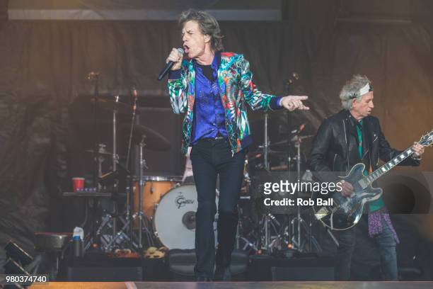 Mick Jagger and Keith Richards from The Rolling Stones perform live on stage at Twickenham Stadium on June 19, 2018 in London, England.