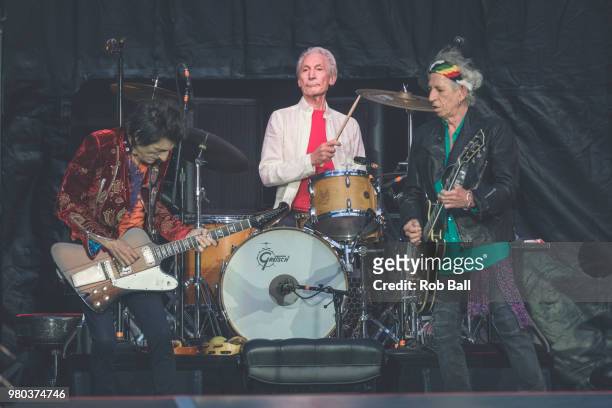 Ronnie Wood, Charlie Watts and Keith Richards from The Rolling Stones perform live on stage at Twickenham Stadium on June 19, 2018 in London, England.