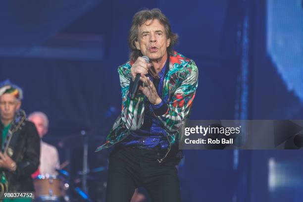 Mick Jagger from The Rolling Stones perform live on stage at Twickenham Stadium on June 19, 2018 in London, England.