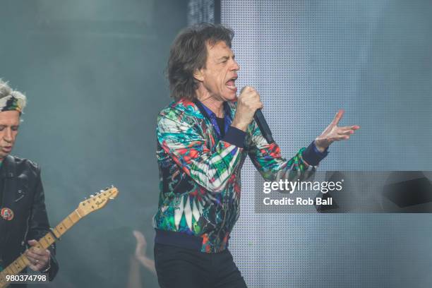 Mick Jagger from The Rolling Stones perform live on stage at Twickenham Stadium on June 19, 2018 in London, England.