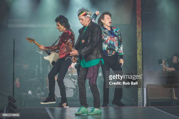 Mick Jagger, Ronnie Wood and Kieth Richards from The Rolling Stones perform live on stage at Twickenham Stadium on June 19, 2018 in London, England.