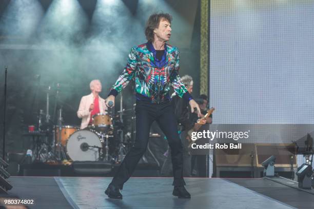 Mick Jagger from The Rolling Stones perform live on stage at Twickenham Stadium on June 19, 2018 in London, England.