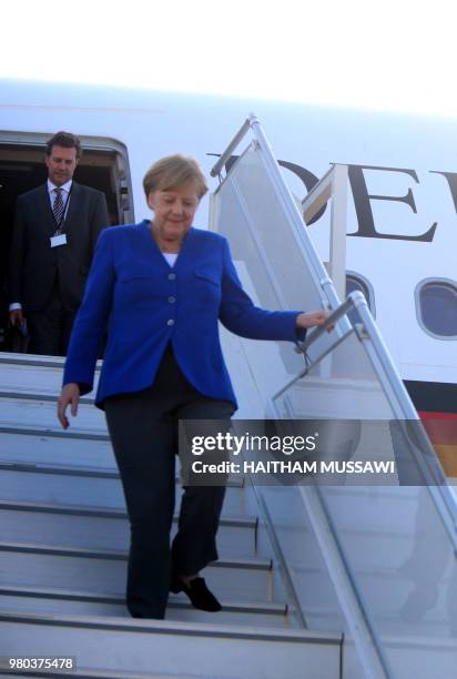 German Chancellor Angela Merkel arrives at Beirut airport on June 21, 2018.