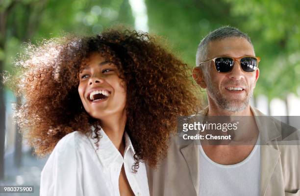 Vincent Cassel and Tina Kunakey attend the Louis Vuitton Menswear Spring/Summer 2019 show as part of Paris Fashion Week on June 21, 2018 in Paris,...