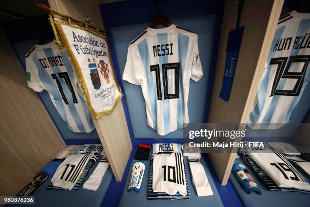 Lionel Messi, Angel Di Maria and Serigo Aguero of Argentina's shirts hang in the Argentina dressing room prior to the 2018 FIFA World Cup Russia...