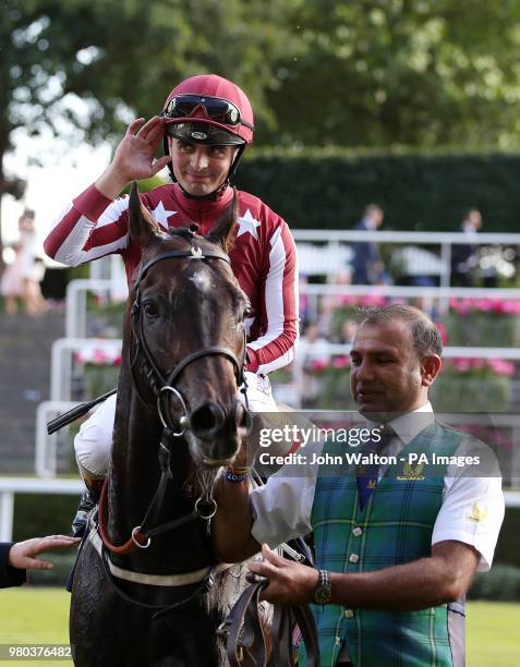 Baghdad ridden by Andrea Atzeni celebrate winning the King George V Stakes during day three of Royal Ascot at Ascot Racecourse.