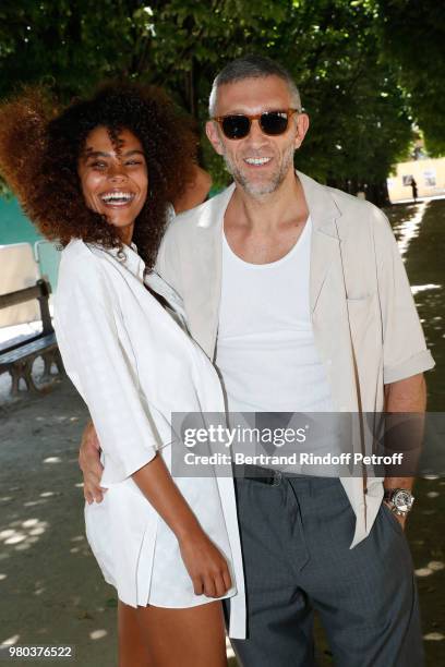 Tina Kunakey and Vincent Cassel attend the Louis Vuitton Menswear Spring/Summer 2019 show as part of Paris Fashion Week on June 21, 2018 in Paris,...