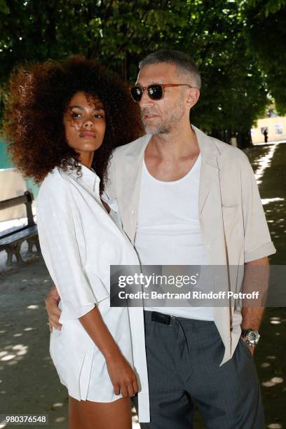 Tina Kunakey and Vincent Cassel attend the Louis Vuitton Menswear Spring/Summer 2019 show as part of Paris Fashion Week on June 21, 2018 in Paris,...