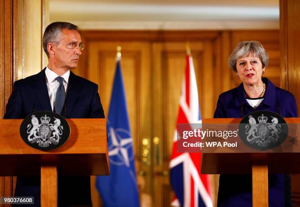 British Prime Minister Theresa May and Secretary General of NATO Jens Stoltenberg hold a press conference inside Number 10 Downing Street on June 21,...