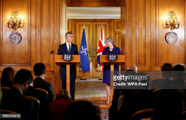 British Prime Minister Theresa May and Secretary General of NATO Jens Stoltenberg hold a press conference inside Number 10 Downing Street on June 21,...