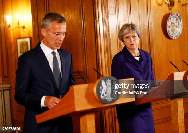 British Prime Minister Theresa May and Secretary General of NATO Jens Stoltenberg hold a press conference inside Number 10 Downing Street on June 21,...