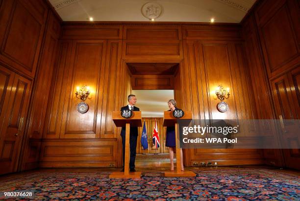 British Prime Minister Theresa May and Secretary General of NATO Jens Stoltenberg hold a press conference inside Number 10 Downing Street on June 21,...