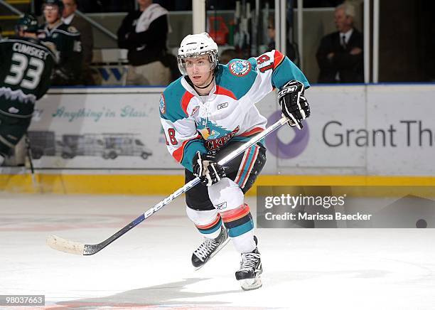 Shane McColgan of the Kelowna Rockets skates against the Everett Silvertips at Prospera Place on March 24, 2010 in Kelowna, Canada.