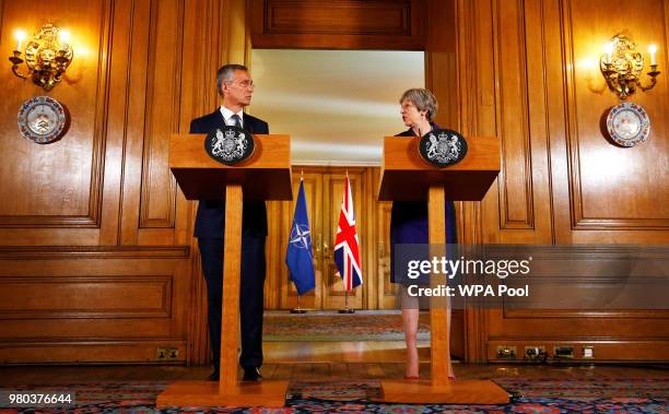 British Prime Minister Theresa May and Secretary General of NATO Jens Stoltenberg hold a press conference inside Number 10 Downing Street on June 21,...