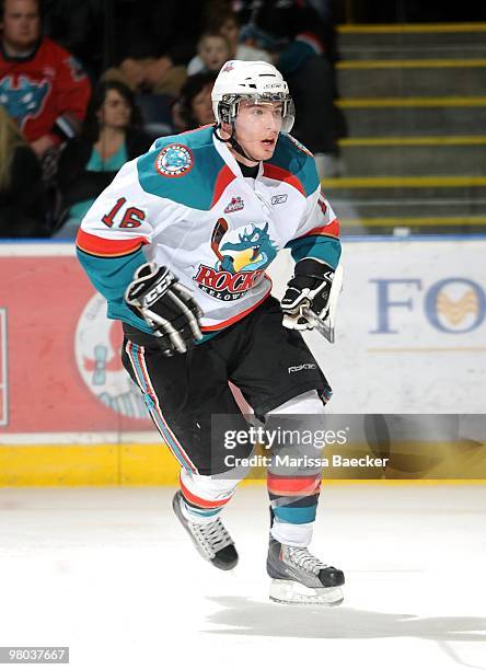 Spencer Main of the Kelowna Rockets skates against the Everett Silvertips at Prospera Place on March 24, 2010 in Kelowna, Canada.