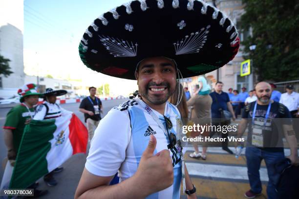 Fan of Mexico with shirt of Argentina cheer during the arrival of Mexico at Mercure Hotel ahead of the match against Korea on June 21, 2018 in...