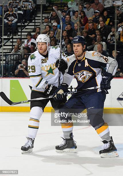 Shea Weber of the Nashville Predators skates against Steve Ott of the Dallas Stars on March 23, 2010 at the Bridgestone Arena in Nashville, Tennessee.