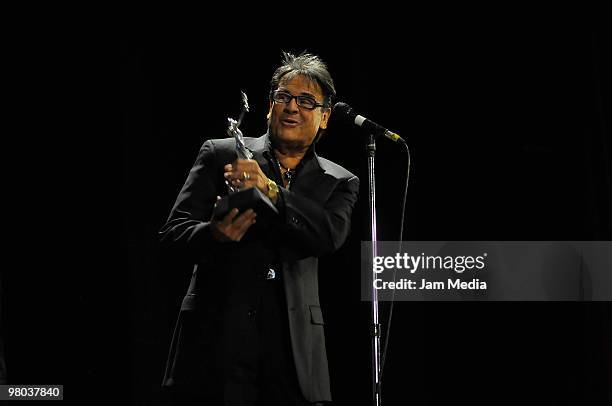 Chato Cejudo gives his acceptance speech with her statuette during the ACPT Awards, promoted by the Agrupacion de Criticos y Periodistas de Teatro at...