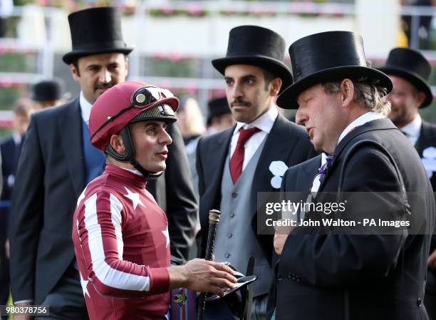 Jockey Andrea Atzeni after winning the King George V Stakes on Baghdad during day three of Royal Ascot at Ascot Racecourse.