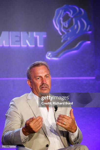 Kevin Costner speaks during 'A conversation with Kevin Costner from Paramount Network and Yellowstone' during the Cannes Lions Festival 2018 on June...