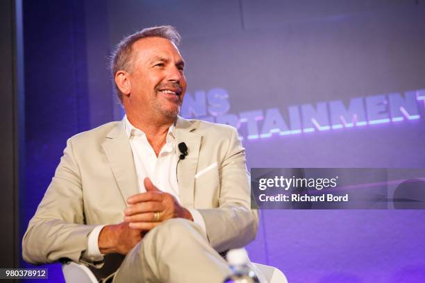 Kevin Costner speaks during 'A conversation with Kevin Costner from Paramount Network and Yellowstone' during the Cannes Lions Festival 2018 on June...