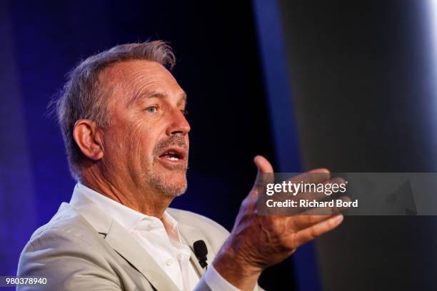 Kevin Costner speaks during 'A conversation with Kevin Costner from Paramount Network and Yellowstone' during the Cannes Lions Festival 2018 on June...