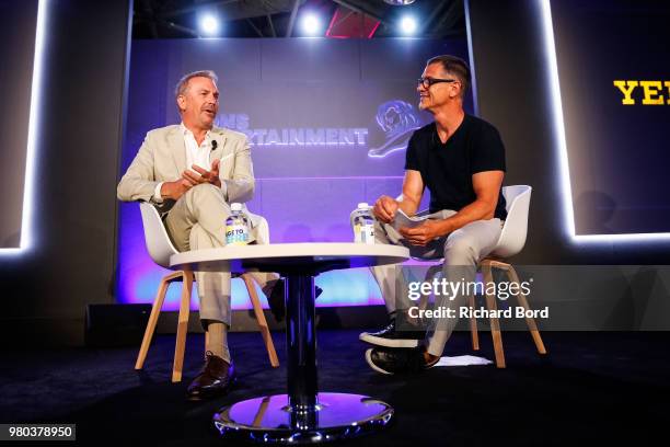 Kevin Costner and Paramount Network Chief Marketing Officer Niels Schuurmans speak during 'A conversation with Kevin Costner from Paramount Network...