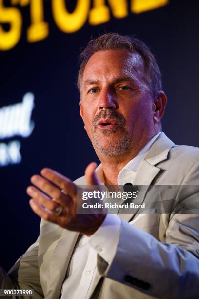 Kevin Costner speaks during 'A conversation with Kevin Costner from Paramount Network and Yellowstone' during the Cannes Lions Festival 2018 on June...