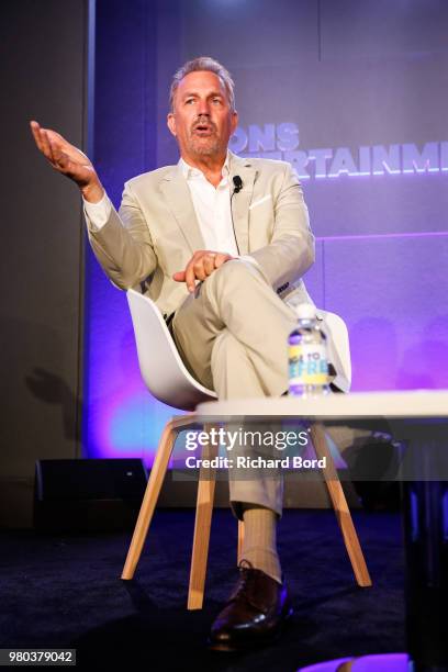 Kevin Costner speaks during 'A conversation with Kevin Costner from Paramount Network and Yellowstone' during the Cannes Lions Festival 2018 on June...