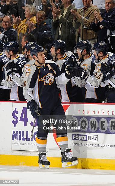 Shea Weber of the Nashville Predators celebrates a goal against the Dallas Stars on March 23, 2010 at the Bridgestone Arena in Nashville, Tennessee.