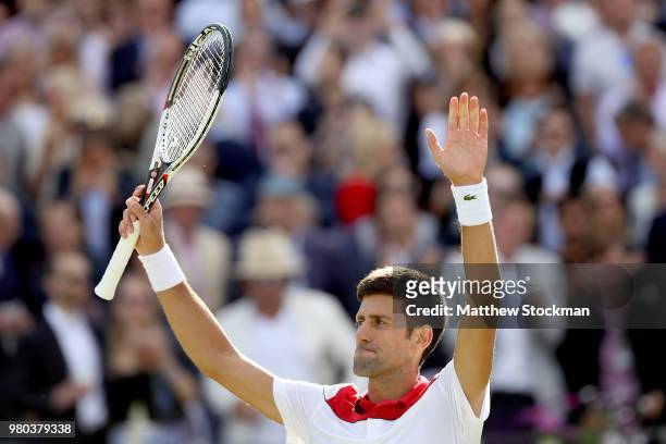 Novak Djokovic of Serbia celebrates his win during his men's singles match against Grigo Dimitrov of Bulgaria during Day Four of the Fever-Tree...
