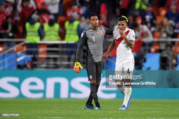 Pedro Gallese of Peru and Anderson Santamaria of Peru look dejected following their sides defeat in the 2018 FIFA World Cup Russia group C match...