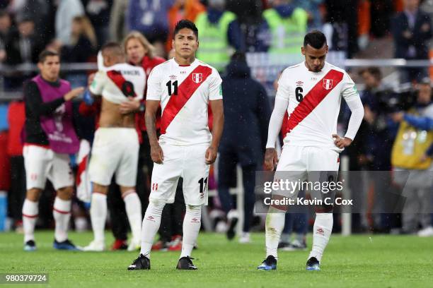 Raul Ruidiaz and Miguel Trauco of Peru stand dejected following the 2018 FIFA World Cup Russia group C match between France and Peru at Ekaterinburg...