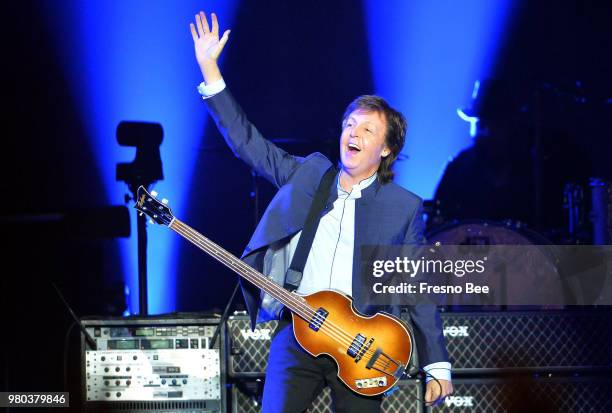 Paul McCartney greets the crowd at the start of his "One on One" tour on Wednesday, April 13 at the Save Mart Center in Fresno, Calif. McCartney...