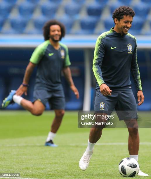 Marquinhos of the Brazil national football team takes part in a training session at Saint Petersburg Stadium in Saint Petersburg on June 21 ahead of...