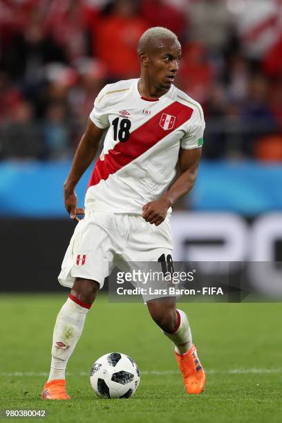 Andre Carrillo of Peru runs with the ball during the 2018 FIFA World Cup Russia group C match between France and Peru at Ekaterinburg Arena on June...